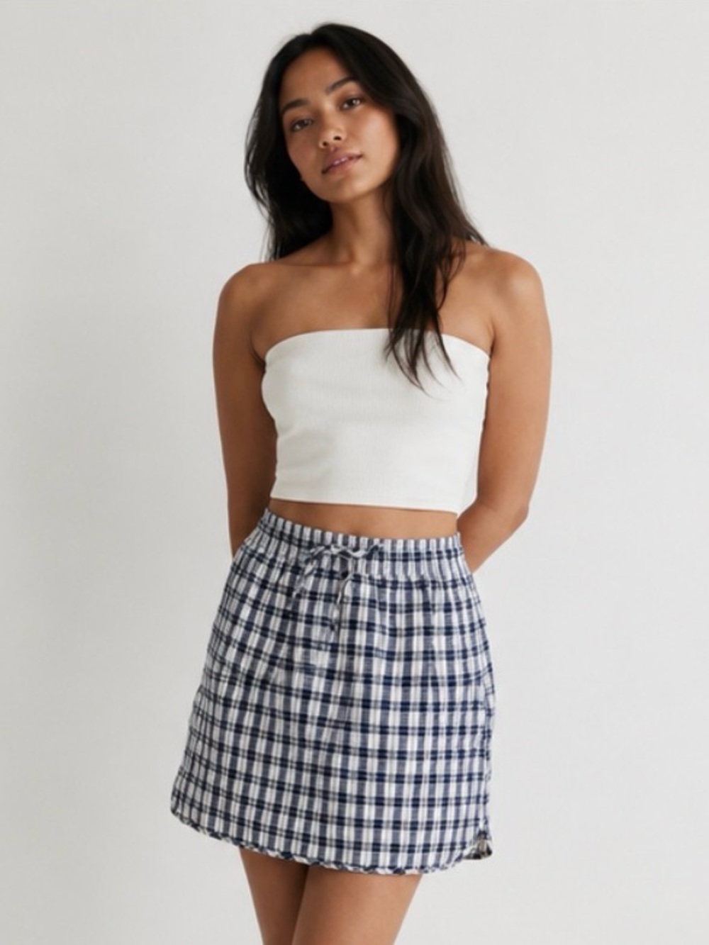 Madewell Plaid Drawstring Mini Skirt in Navy and White